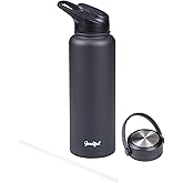 Goodful Double Wall Vacuum Sealed, Insulated Water Bottle with Two Interchangeable Lids, Sipping or Chugging Lids, Leak-Proof, Wide Mouth for Drinking and Cleaning, 40 Oz, Charcoal Gray
