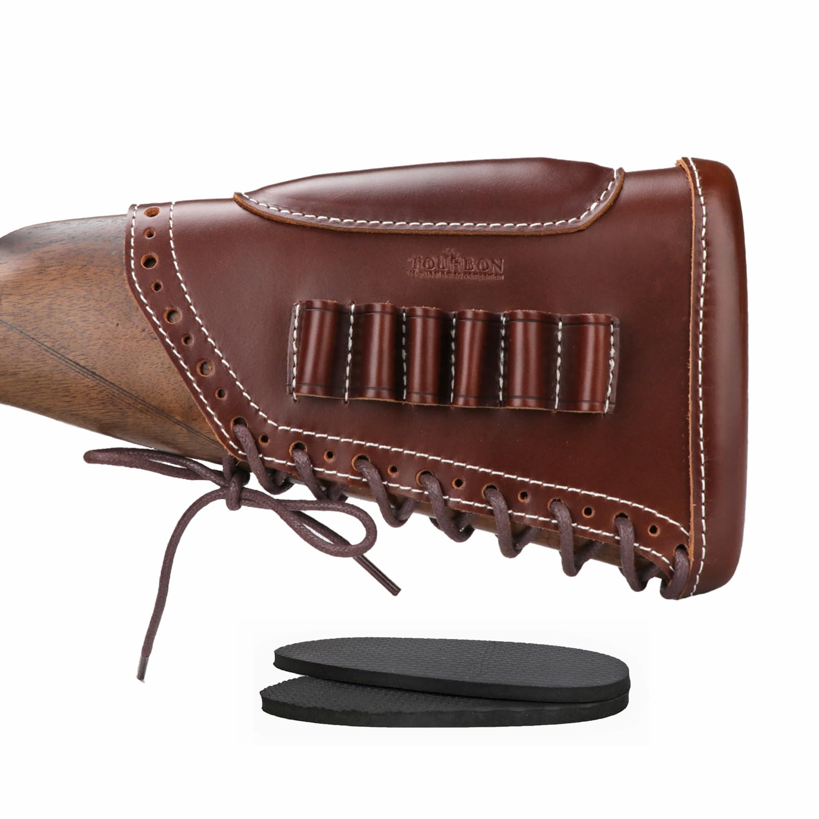 TOURBN Genuine Leather Rifle Buttstock Cheek Rest Recoil Pad 6 Rounds Ammo Holder Pouch Left Handed