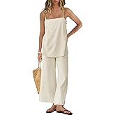Panadila 2 Piece Linen Set Summer Travel Beach Vacation Outfit Sexy Spaghetti Strap Tank Top and Pants with Pockets