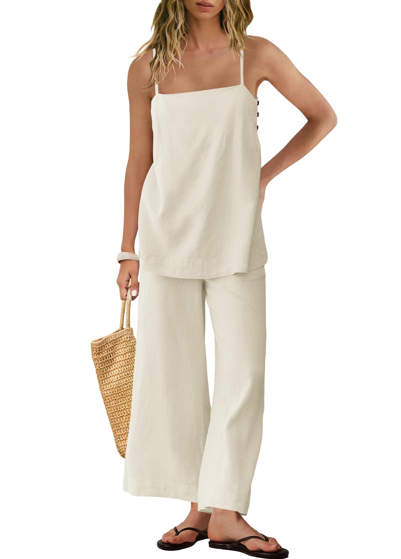Photo 1 of Panadila 2 Piece Linen Set Summer Travel Beach Vacation Outfit Sexy Spaghetti Strap Tank Top and Pants with Pockets(Grey White,M)