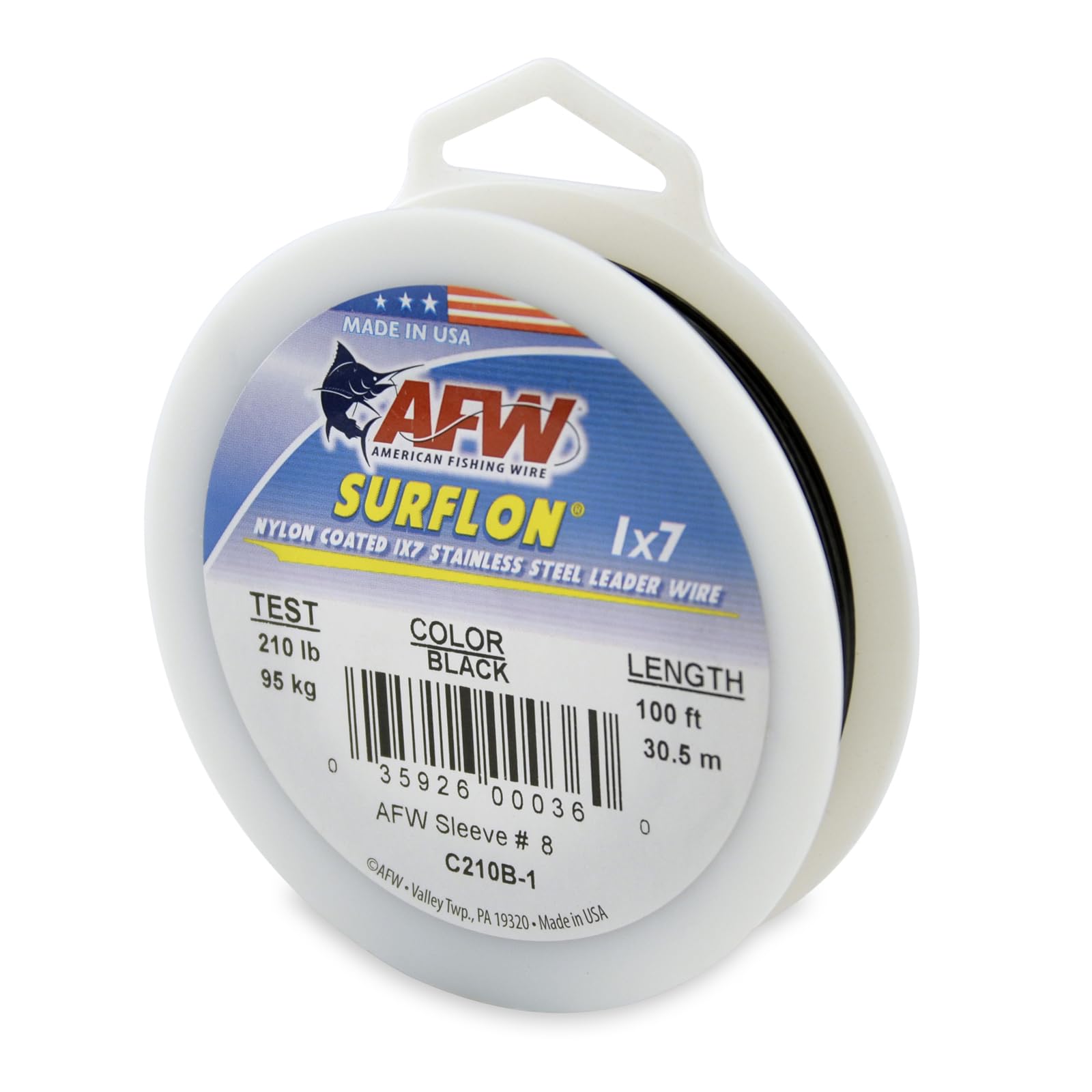 American Fishing Wire Surflon, Nylon Coated 1x7 Stainless Steel Leader Wire, 210 lb Test, .051" Diameter, Black, 100 ft