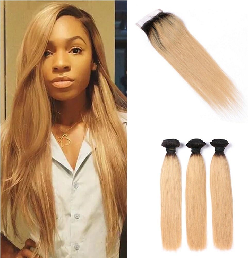 Ruma Hair Two Tone #1B/27 Honey Blonde Dark Roots Ombre Silky Straight Brazilian Virgin Human Hair Weave 3 Bundles With 1Pc Free Part 4x4 Top Lace Closure 4Pcs Lot (16 with 16 16 16)
