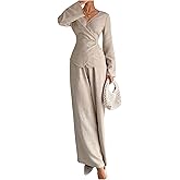 SweatyRocks Women's 2 Piece Outfits Long Sleeve Wrap V Neck Blouses and Pants Matching Sets Teachers Outfits