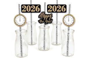 Big Dot of Happiness 2026 New Year's Eve Paper Straw Decor, Gold 2026 New Years Eve Party Supplies, Striped Decorative NYE Straws, 2026 Straw Decorations, Set of 24