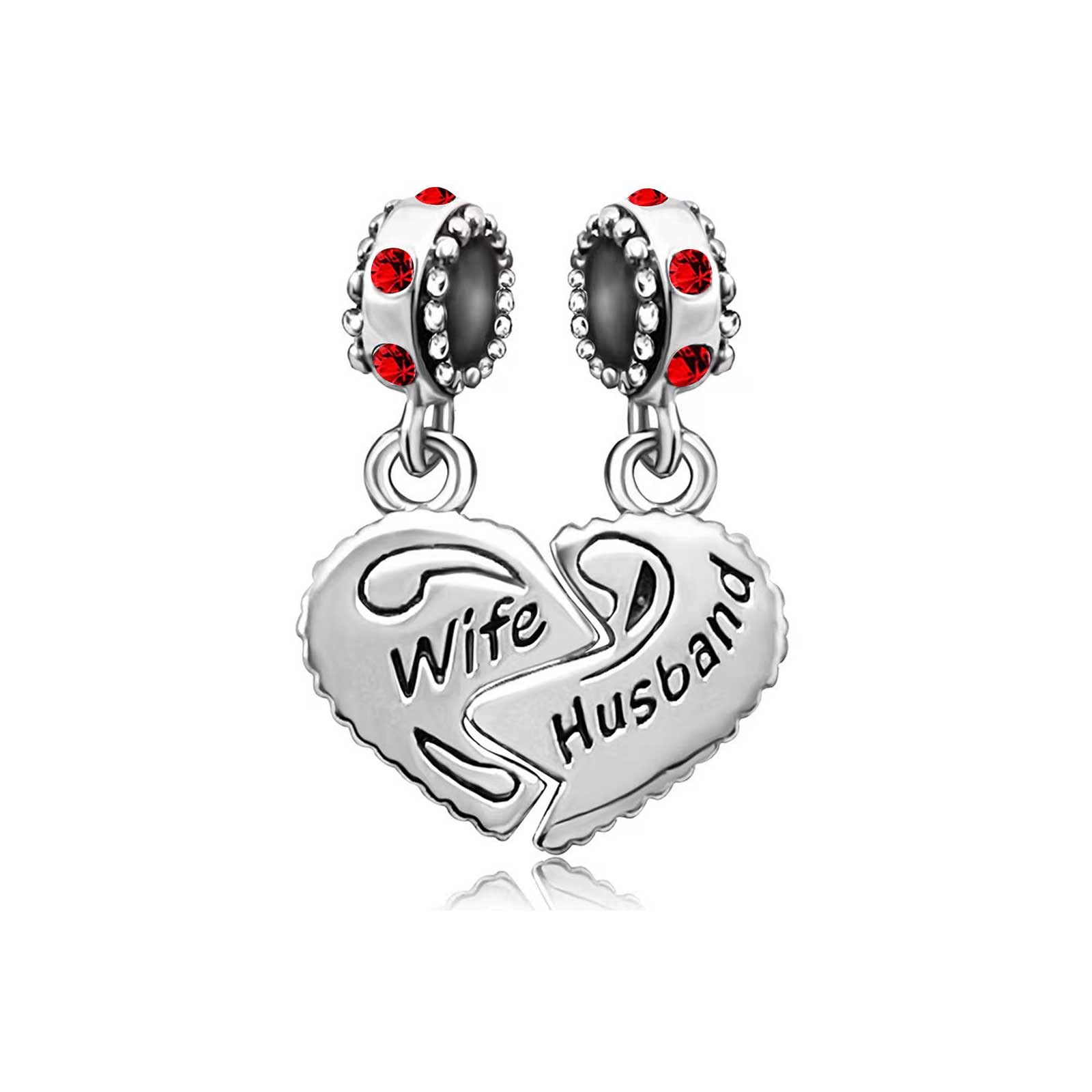 KunBead Jewelry Red Crystal Love Heart My Wife Always Husband Dangle Charms for Bracelets Necklace