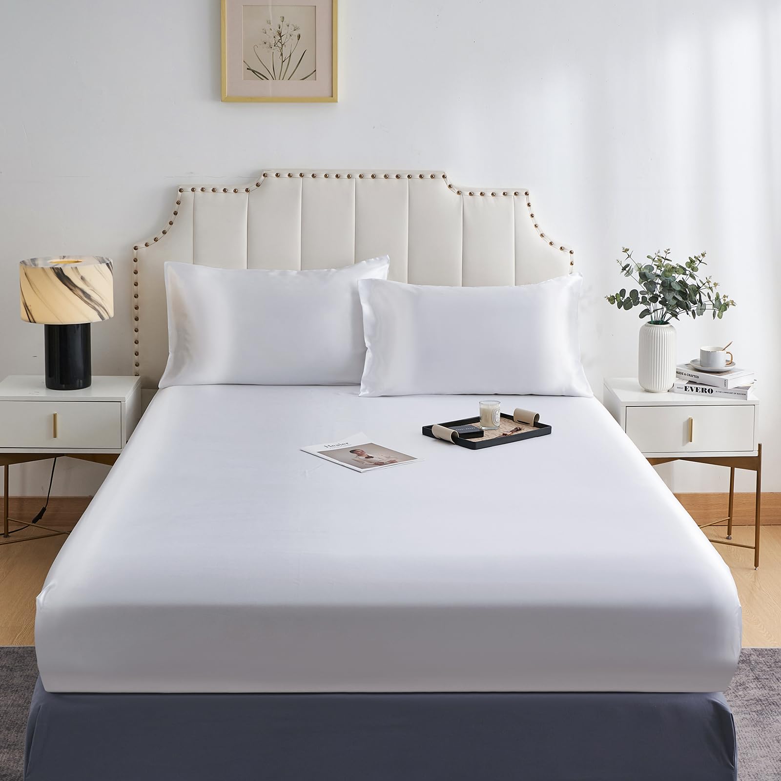 DuShow Satin Fitted Sheet Small Double 4ft,Deep Pocket Small Double Silky Bed Sheet,Soft Bottom Sheet White 122x190cm