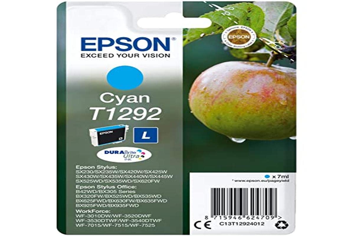 Epson T1292 Pomme Cyan, Cartouche d'encre d'origine, WF-3010DW WF-3520DWF WF-3530DTWF WF-3540DTWF WF-7015 WF-7515 WF-7525 BX305F BX310FN BX320FW BX525WD BX535WD BX625FWD BX635FWD BX925FWD BX935FWD