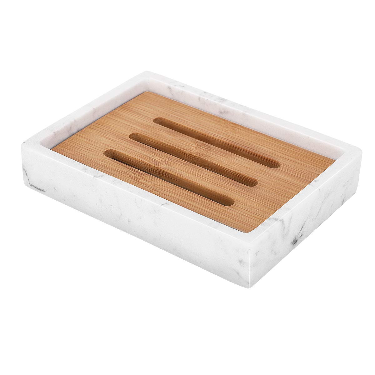 Luxspire Soap Dish Tray, Resin Soap Dish, Bamboo Soap Bar Holder Box for Shower Kitchen Sink, Double Layer Draining Soap Container Box, Wood Soap Case, Bathroom Marble Pattern Tray, Gravel White