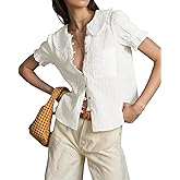 Skoinvb Womens Peter Pan Collar Shirt Short Puff Sleeve Button Down Blouse Tops 2025 Summer Casual Stripped Shirts White S