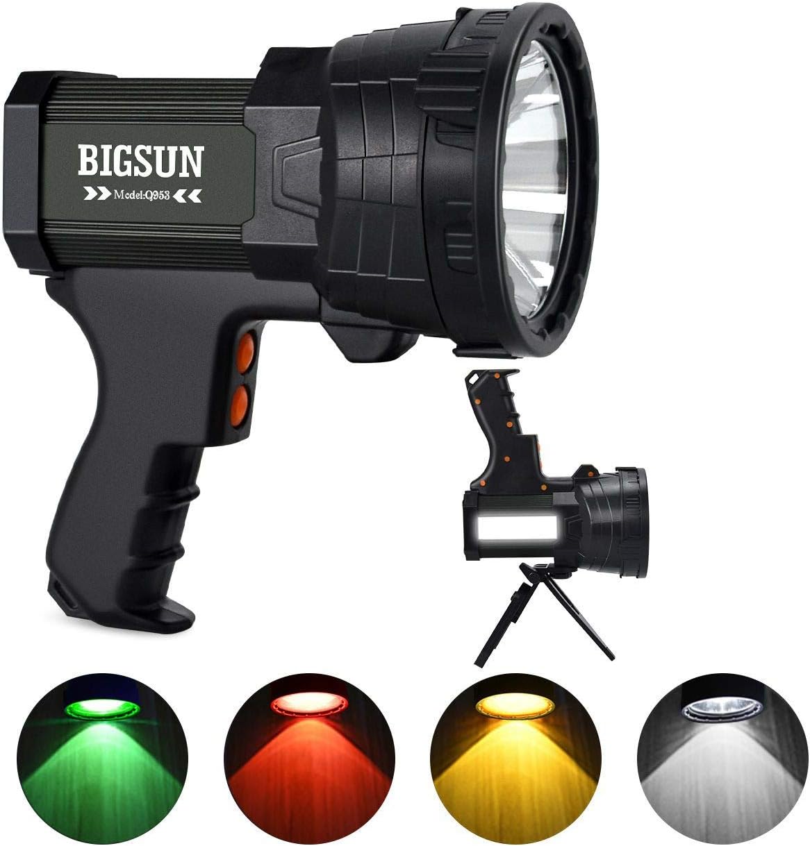 BIGSUN Q953 10000mAh Rechargeable LED Spotlight, Super Bright 6000LM Flashlight, 5 Light Modes Marine Boat Light, IPX4 Waterproof Emergency Lamp, Wall and USB Charger Included - - 