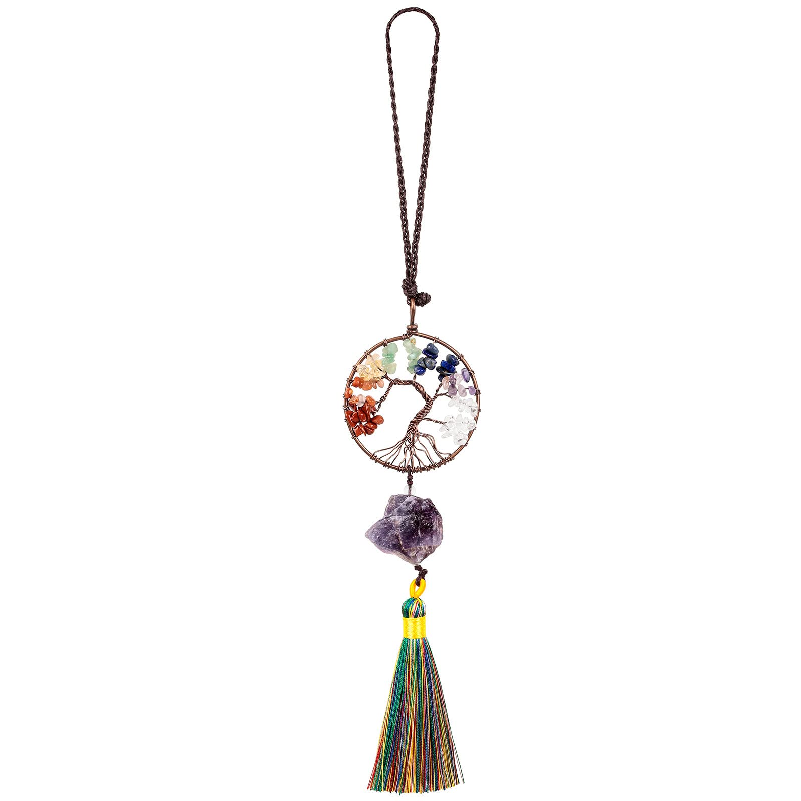 mookaitedecor Natural 7 Chakra Crystal Tree of Life Wall Art Hanging Decor Good Luck Crystal Car Hanging Accessory Raw Purple Amethyst Healing Crystal Hanging Ornament Chakra Tree of Life Gift Friend