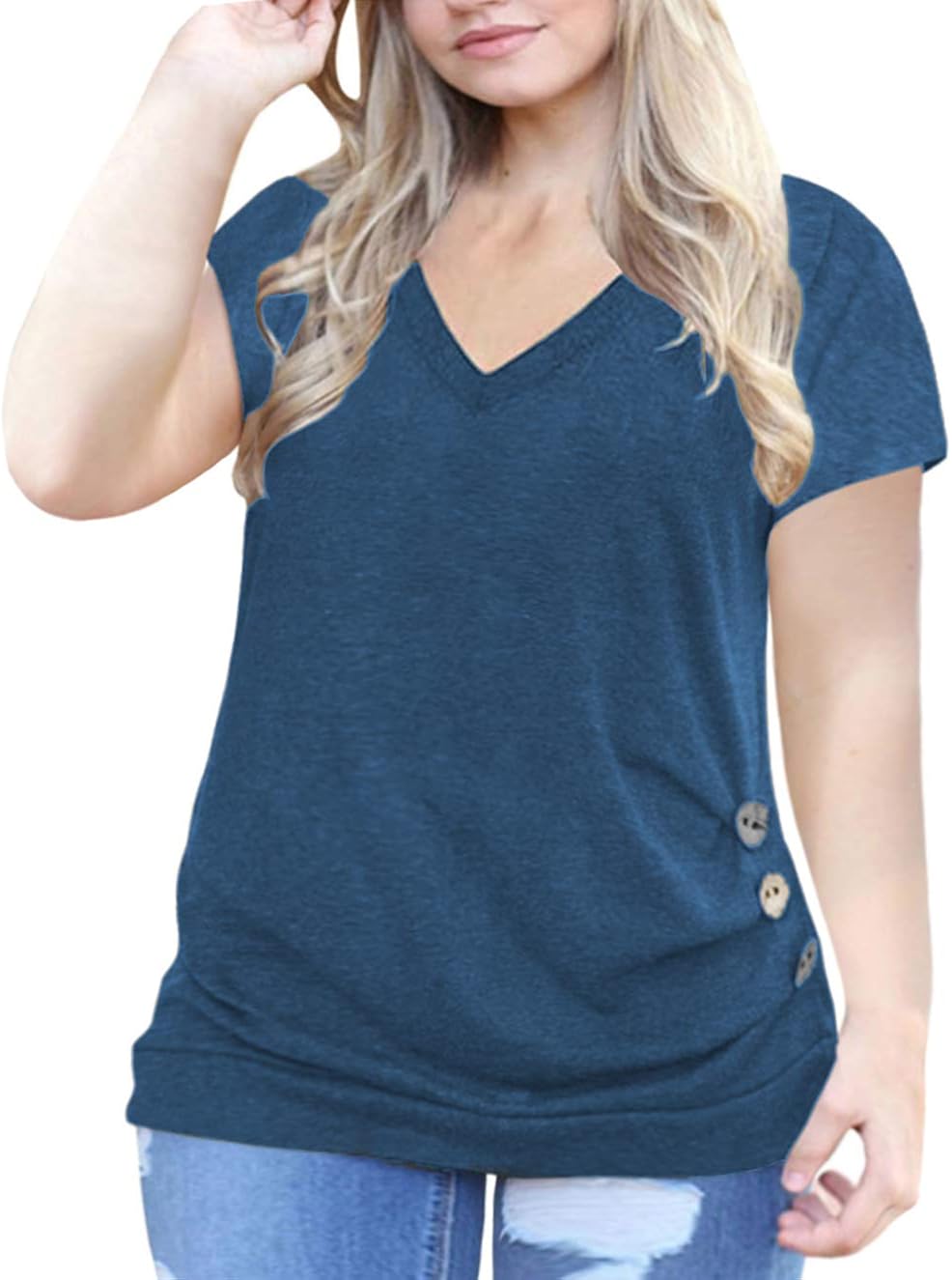 VISLILY Women's Plus Size Casual Short Sleeve Buttons Tunic T Shirt Blouse Tops
