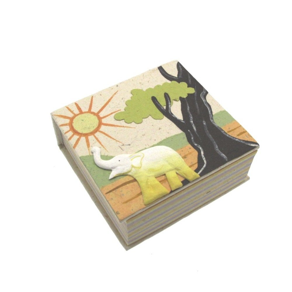 Elephant Dung Note Cube | Natural | 100 Sheets of Coloured Recycled Paper | Square Memo Pad Holder | 10cm x 10cm | Genuine Elephant Poo Notecube | Fair Trade and Handmade Elephant Gifts for Men and Women