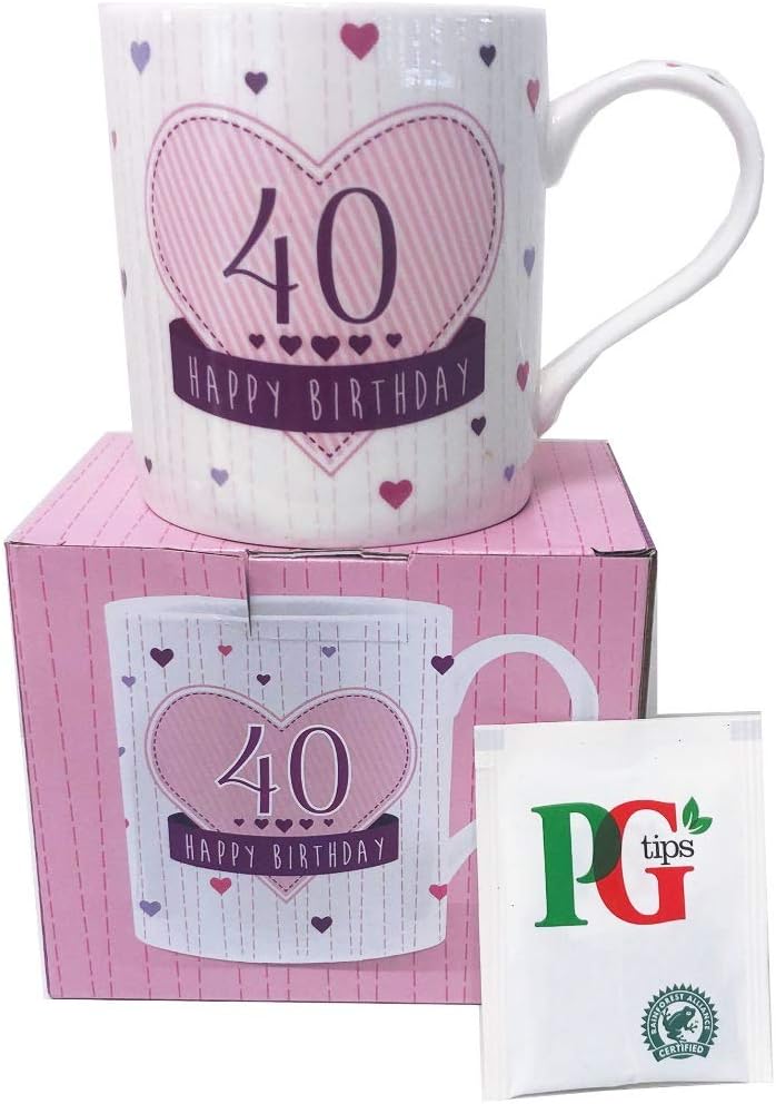 40th Birthday Mug and Tea Bag Gift Set for Ladies Women Her Friend Age Keepsake Ceramic White Pink Blue Wishes Gold Foil Floral Love Hearts Design PG Tips Sachet Boxed
