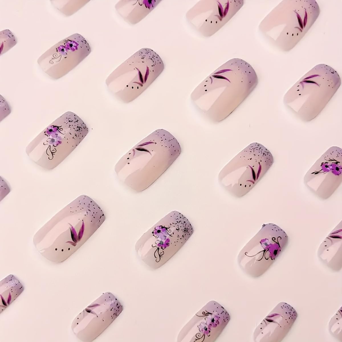 Purple French Press on Nails Short Square Fake Nails Nude False Nails Press ons with Purple Flower Design Glitter Nail Art Tips Full Cover Acrylic Glue on Nails for Women 24 Pcs - Image 2