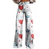 Wide Leg Denim Look Flare Jeans Women Plus Size Stretchy High Waisted Distressed Valentines Heart Jeans for Women