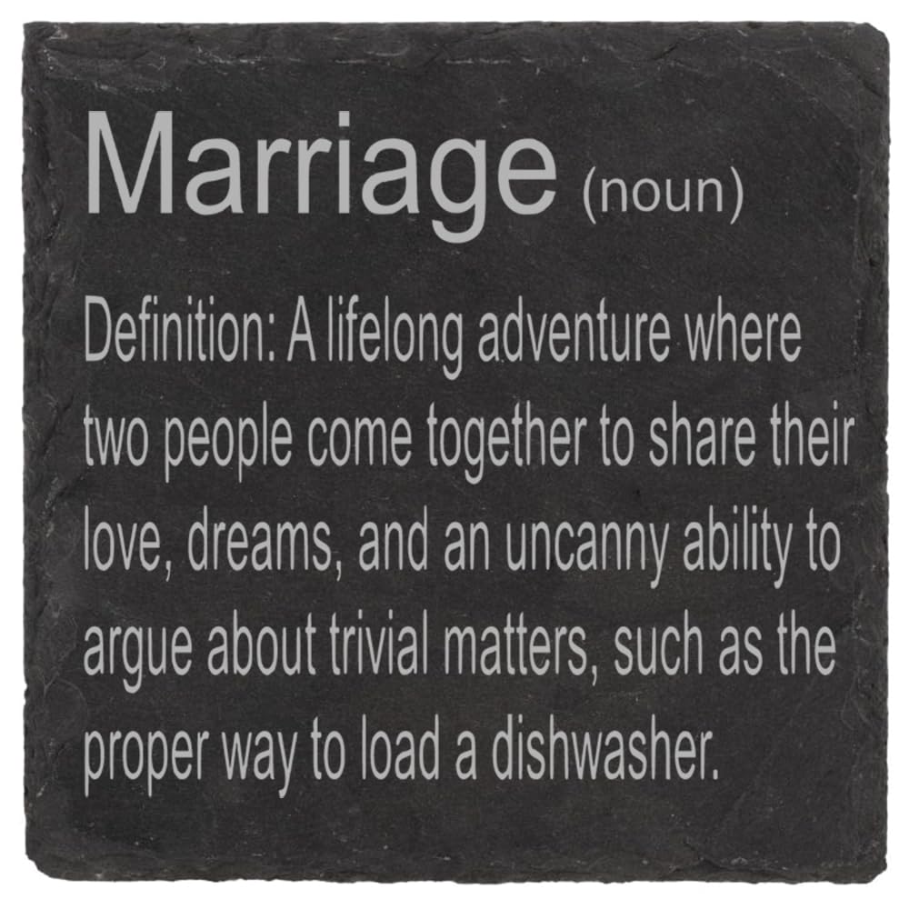 Marriage Definition Slate Coaster - Funny Wedding Gifts for Couple, Wedding Anniversary Gifts for Couple, Bride and Groom, Parents - Engagement Presents Felt Pads, Mr & Mrs Coasters for Him and Her