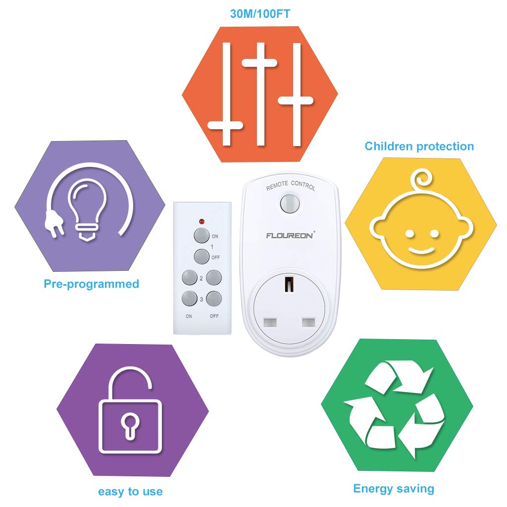FLOUREON Wireless Remote Control Sockets Programmable Electrical Plug Outlet Switch for Household Appliances, Bedroom Kitchen Lights, up to 30m/100ft Operating Range (3pack, White)