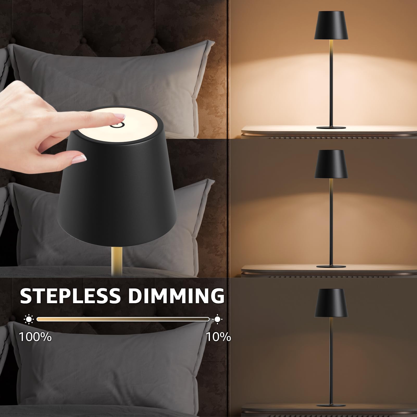 MALUX LED Tischlampe Kabellos 2 Stück Touch Dimmbare 2700K-4000K Metall IP44 Wasserdicht, USB-C Aufladung, 8-15h Akkulaufzeit Tischleuchte für Garten Esstisch Schlafzimmer Balkon Hotel (Schwarz) 3