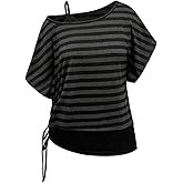SHENHE Women's Oversized Gothic Grunge T Shirt Off Shoulder Striped Dolman Sleeve Y2k Tee Shirt