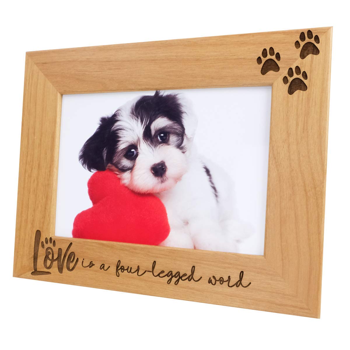 Love is a Four-Legged Word-Wood Engraved Pet Picture Frame with Glass,Dog Picture Frame,Cat Picture Frame,Dog Mom,Cat Dad,Paw Print,Pet Memorial Picture Frame,Pet Lover Gift (4x6 Horizontal)