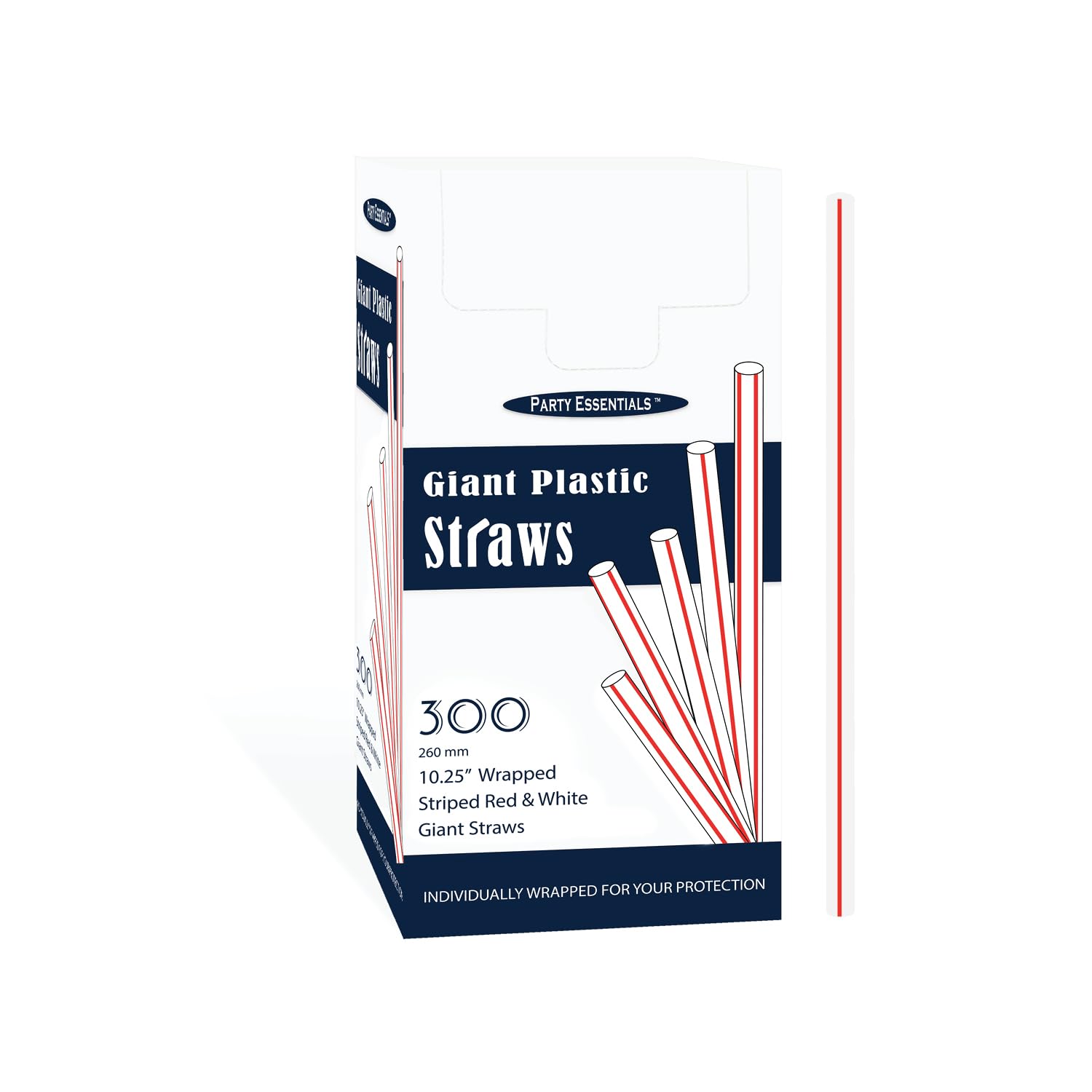 Photo 1 of Party Essentials Pack of 300 Disposable Individually Wrapped 10.25 Inches Long Giant Plastic Drinking Straws, Striped Red & White