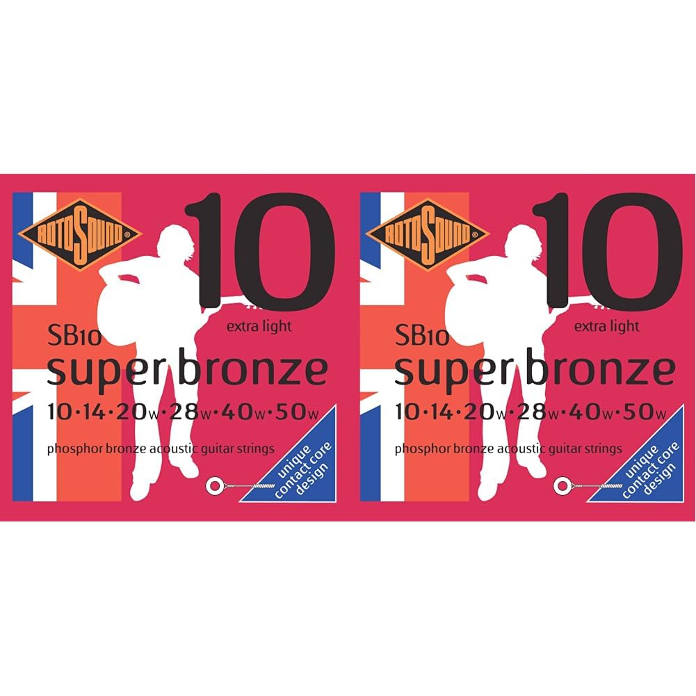 Rotosound SB10 Contact Core Phosphor Bronze Extra Light Gauge Acoustic Guitar Strings (10 14 20 28 40 50), White Black Red Blue (Pack of 2)