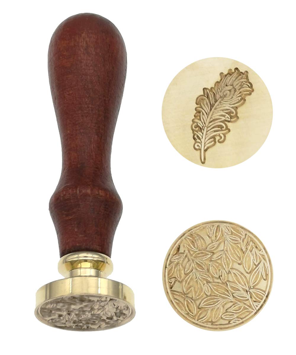 Wax Seal Stamp,Retro Vintage Sealing Wax Stamp with Wooden Handle Antique Envelope Sealing Stamp for Wedding Invitation Gift Card Postage Letter Leaf and Feather Design