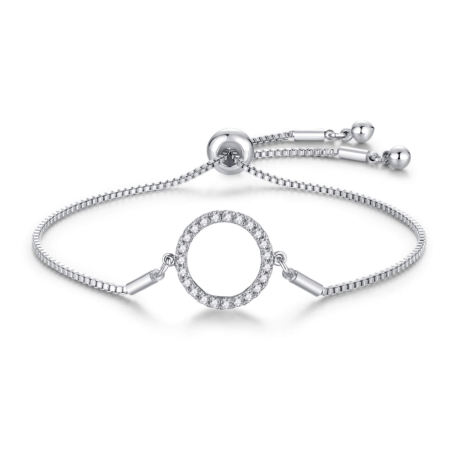 CERSLIMO Silver Bracelet for Women, White Gold Plated Cubic Zirconia Paved Infinity Heart Round Circle Bracelets | Birthday Gift for Girls Ladies Mom Sister Best Friends Girlfriend Adjustable Bracelet