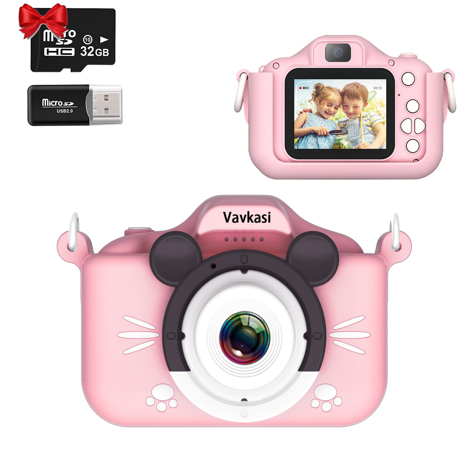 Kids Camera for Girls and Boys 2.0 Inch IPS Screen 1080P Video Camera Kids Digital Dual Camera 32GB SD Card Plus Reader Christmas and Birthday Gifts Toy for Age 2-10 Year Old (PinkMice)