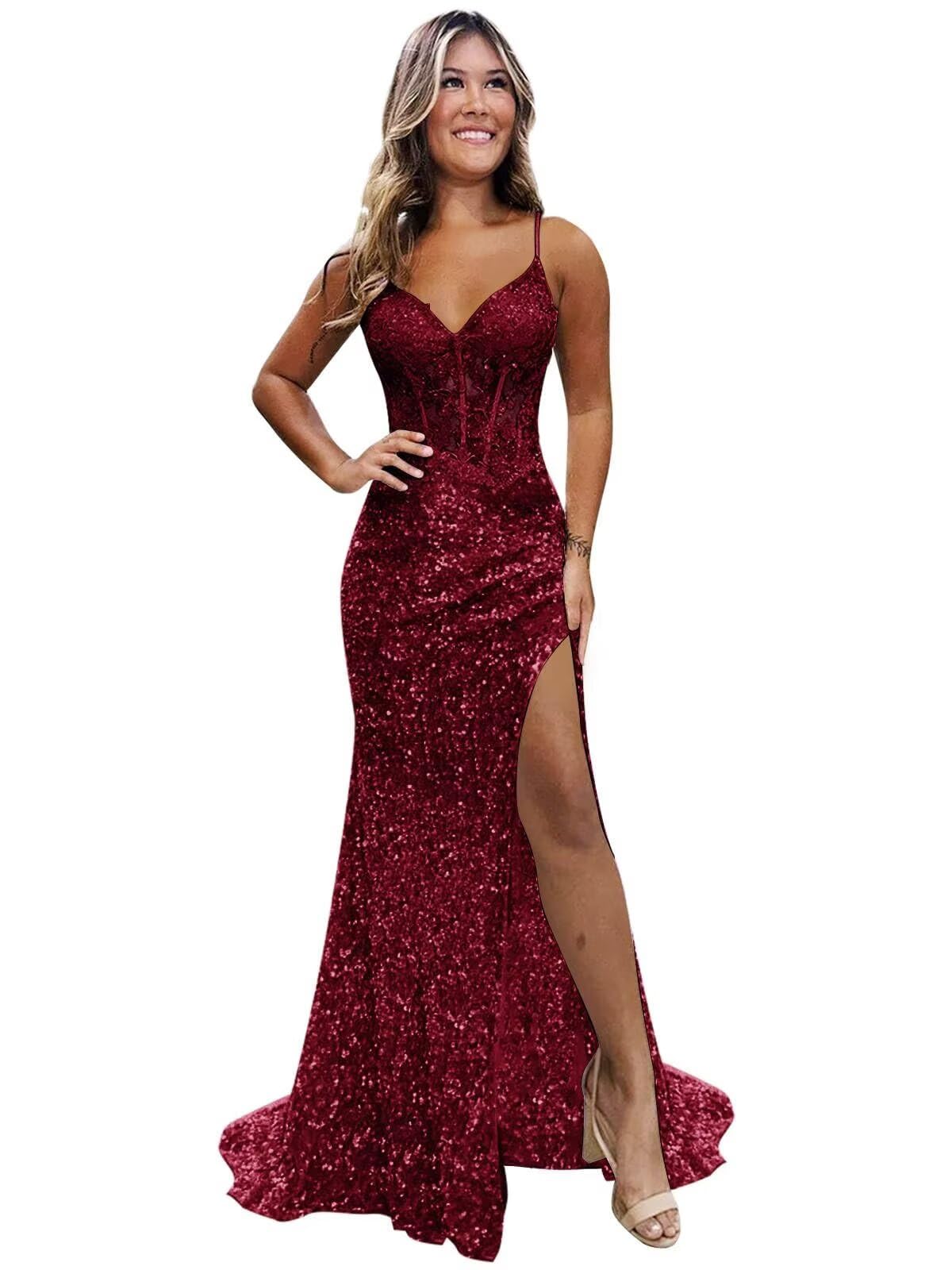 Photo 1 of Miao Duo Sparkly Sequin Spaghetti Straps Mermaid Prom Dresses with Slit for Teens Long Ball Gown V Neck Formal Evening Gowns for Women Burgundy Size 0