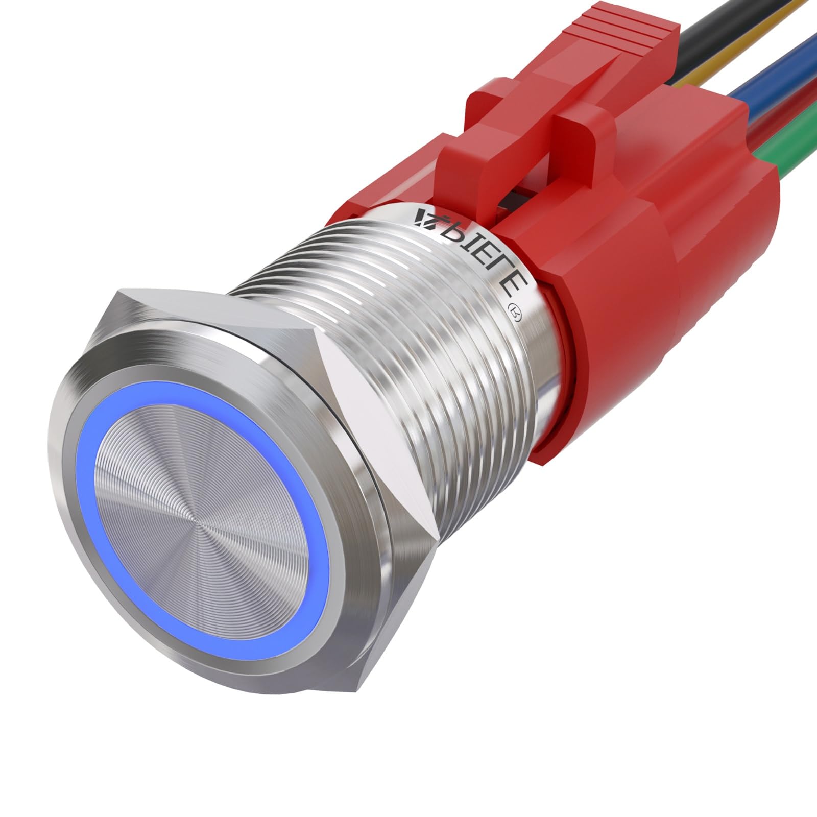 Photo 1 of APIELE 16mm Momentary Push Button Switch On Off Stainless Steel with 12V LED Angel Eye Head for 16mm 0.63" Mounting Hole with Wire Socket Self-Reset (Blue)