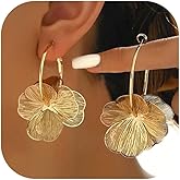 Gold Flower Earrings for Women-Long Floral Dangle Statement Earrings Unique Petal Design Gold Tone Long Earring