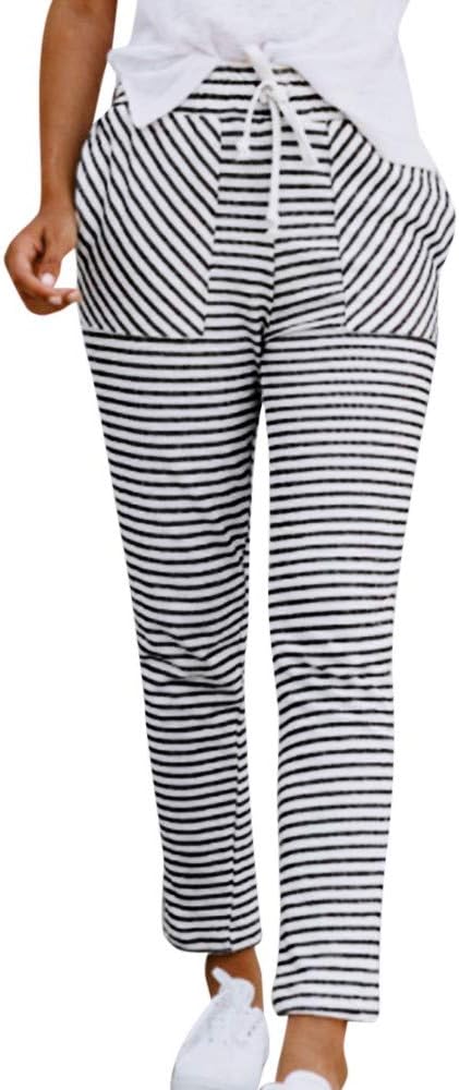 DAYSEVENTH Women Fashion Stripe Print Elastic Bandage Pockets Full Length Pants Leggings