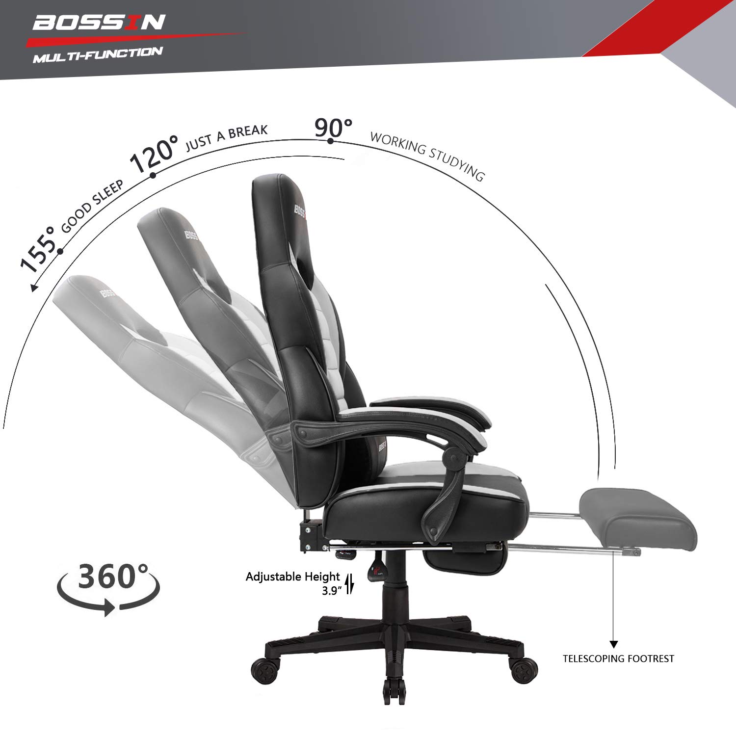 Video Game Chairs Bossin Gaming Chair High Back Racing Chair Ergonomic Swivel Computer Chair Executive Leather Desk Chair With Footrest Red Bucket Seat And Lumbar Support Sports Outdoors