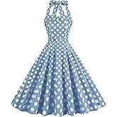 Women Short 1950s Retro Vintage Cocktail Party Swing Dresses with Pockets Halter Vintage Women 1950s Rockabilly Swing Dress Pinup 50s Retro Costume 40's A line Audrey Hepburn Style Dress Light Blue S