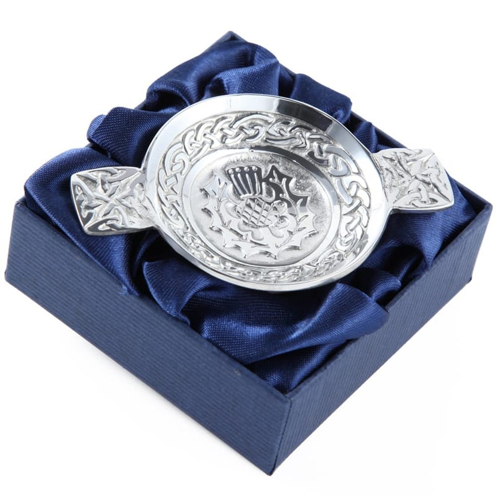 Celtic Knotwork Thistle Mini Pewter Quaich