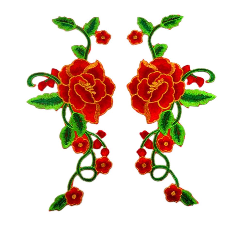Photo 1 of 1 Set Peony Rose Embroidered Flower Patches Gold Trimming Sew Iron on Floral Applique Motif (Red)