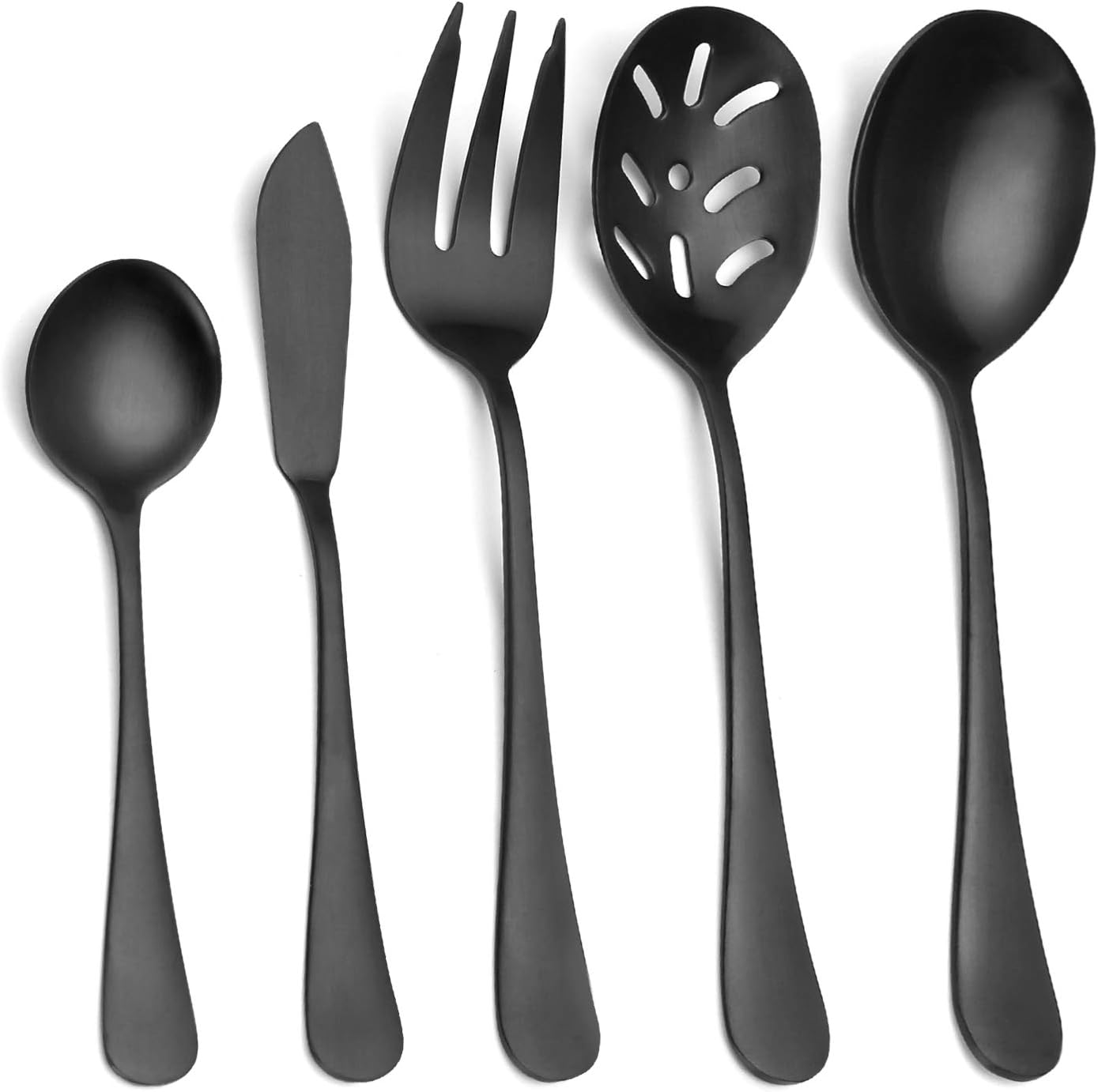 Matte Black Serving Set,SHARECOOK 5-Piece 18/0 Stainless Steel Large Hostess Set with Round Edge, Satin Finished, Dishwasher Safe -Spoons, Forks,Butter Knife& Slotted Spoon