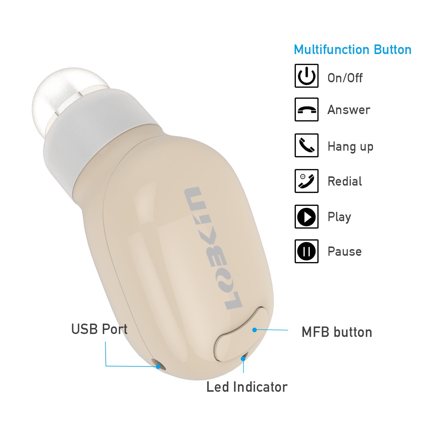 LOBKIN Bluetooth Headphone,Wireless Headset Invisible Earbud Ultra In Ear Earphone Earpiece Handsfree with Mic,Paired with Two Smartphones for iPhone,Samsung,HTC,LG and Other Bluetooth Devices (Beige)