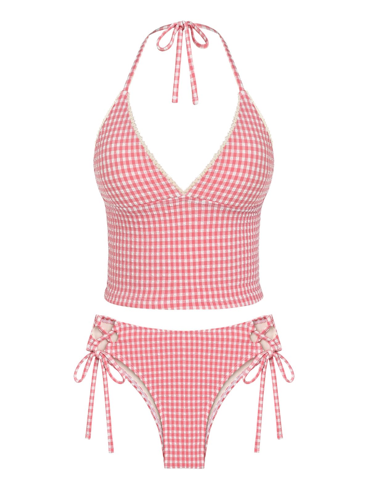 Photo 1 of seamoly Women's Tankinis Gingham Picot Trim Halter Lace Up Side Tankini Set,Light Pink,XL