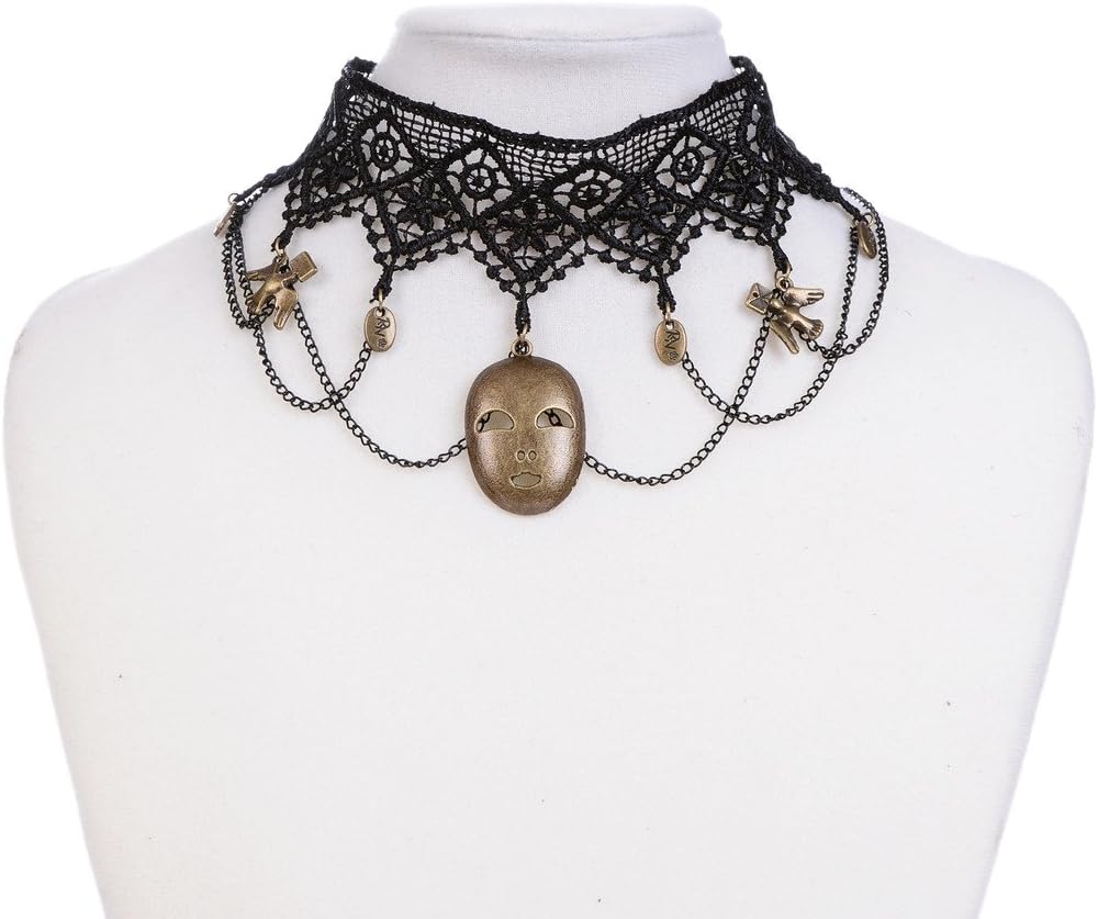 RainbowMall Gothic Women Chain Tassels Black Lace Choker Necklace with Mask Pigeon Pendant Drop