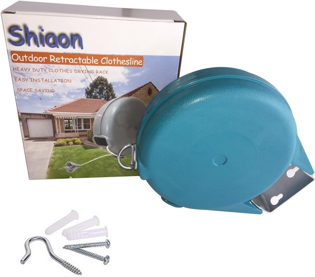 Shiaon Retractable Clothesline - Space Saving Wall Mounted Hang Wet or Dry Heavy Duty Clothes Drying Rack - 40ft Single Portable Clothes Line Laundry Adjustable PVC Clothesline (Blue)