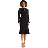 Maggy London Womens Women's Long Sleeve Midi Dress - Sheer Sleeves Keyhole Neckline Ruched Bodice - Elegant Formal Dresses