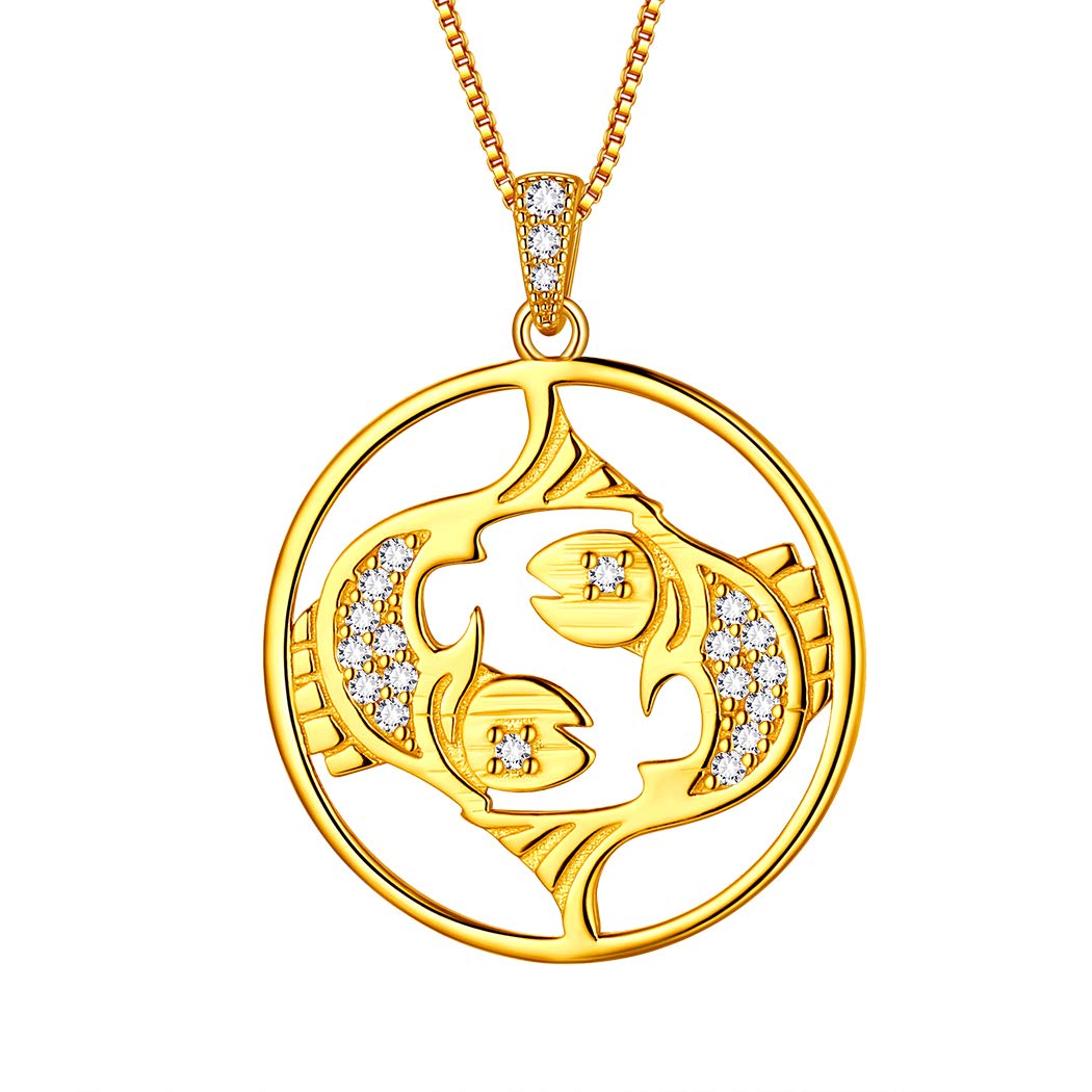 Aurora Tears Pisces Necklace 925 Sterling Sliver 12 Zodiac Pendant Constellation Gold Plated Round Coin Necklace CZ Horoscope Jewellery Gift for Women and Girls DP0111O