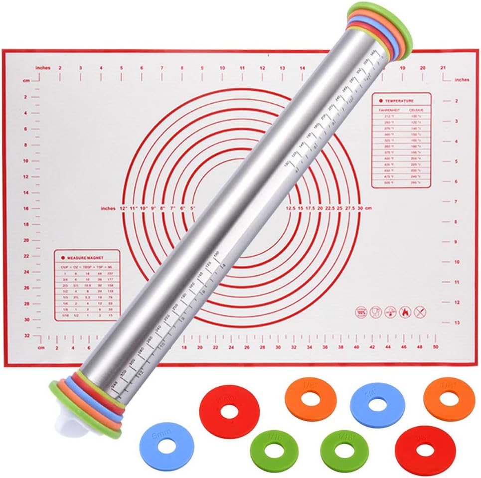 YASSUN Stainless Steel Adjustable Thickness Rolling Pin with 4 Detachable Adjustable Thickness Rings & Baking Mat for Biscuits, Pastries, Pizza