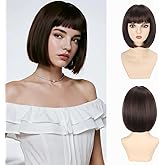 Brown Mix Light Brown Bob Wigs With Bangs 12 inch Short Straight Synthetic Shoulder Length Wig For Women Heat Resistant Bob Wig Style for Daily Party Cosplay (4/30, 12 Inch)