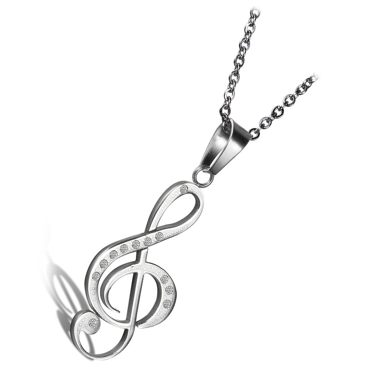 Cupimatch Silver Tone Stainless Steel Rhinestone Music Note Pendant Necklace with 18" Chain Girls