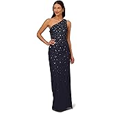 Adrianna Papell Women's One Shoulder Bead Long Dress, Dusty Navy, 12