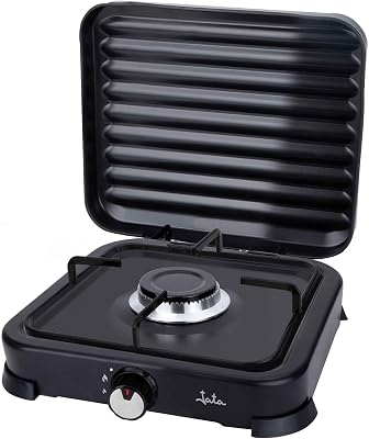 JECG2721 - Fogão portátil a gás com 1 queimador e grelhador. Adequado para butano e propano. Com tampa protetora removível. Ideal para acampar. Ocupa pouco espaço